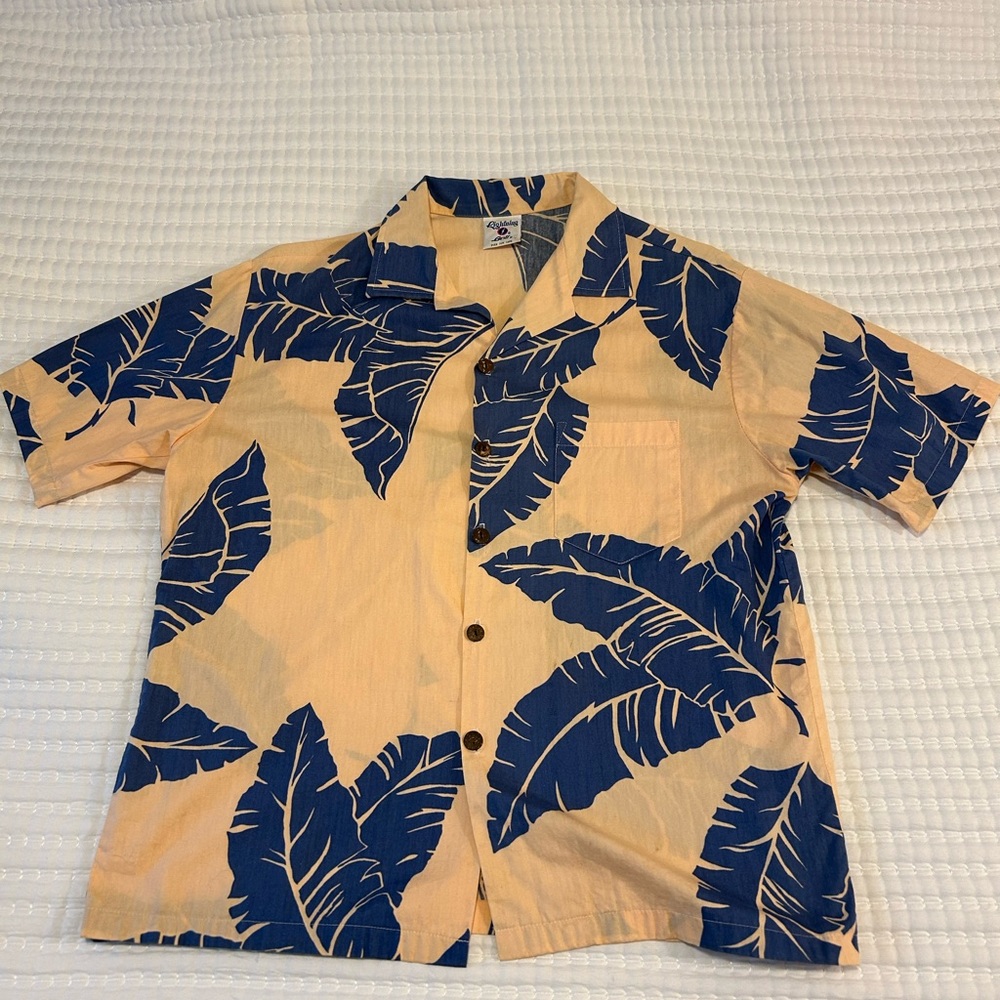 Vintage Men's Blue and Tan Leaf Print Hawaiian Shirt size Large